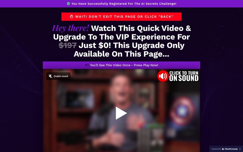 AI Secrets Challenge VIP upgrade page hero showing Upgrade To VIP Access Now