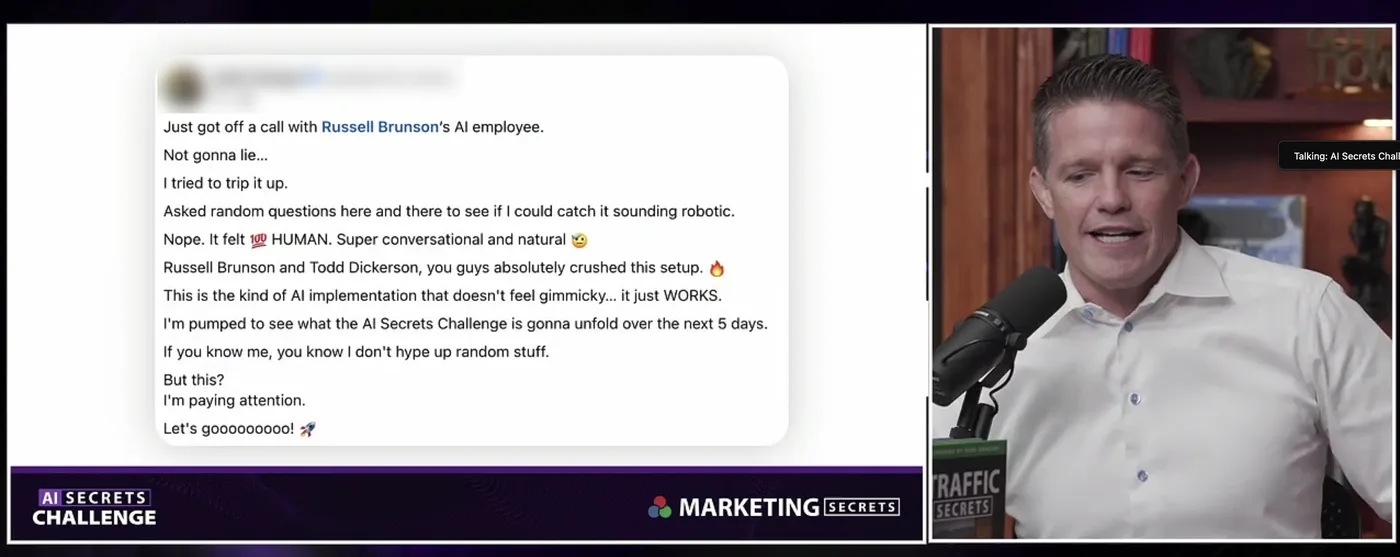 Attendee reaction to the AI employee demo shared on screen during a live AI Secrets Challenge session with Russell Brunson on camera