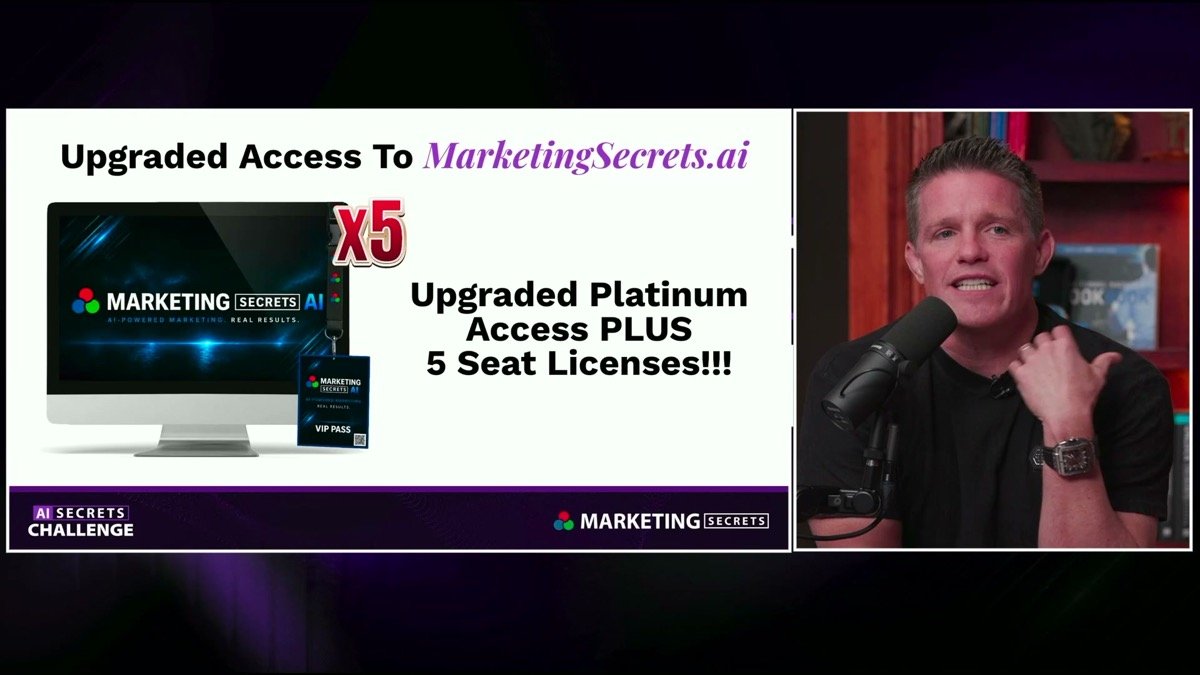 Platinum upgrade slide showing upgraded MarketingSecrets.ai access plus 5 seat licenses