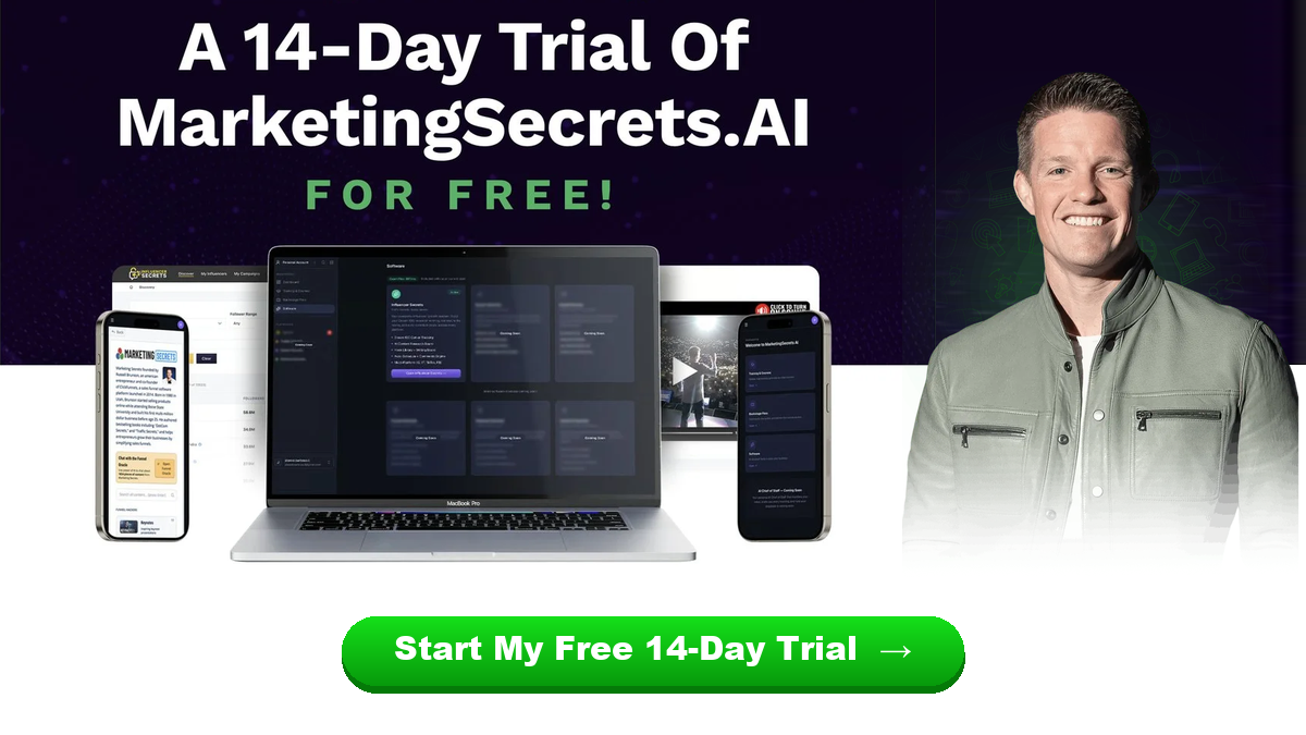 Russell Brunson beside the 14-day free trial of MarketingSecrets.AI, the software the AI Secrets Challenge was built on