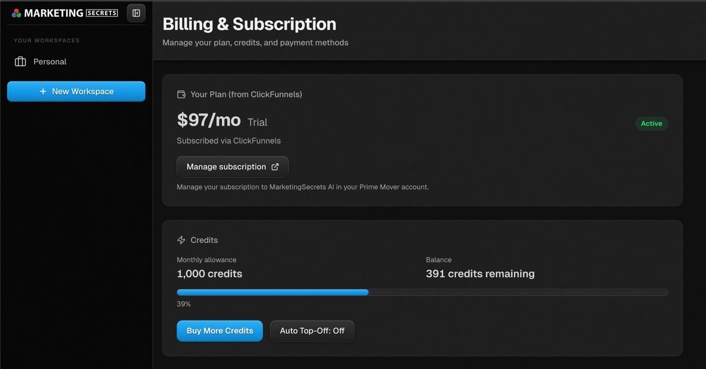 Our MarketingSecrets.AI billing page showing the $97 monthly plan with 1,000 credits