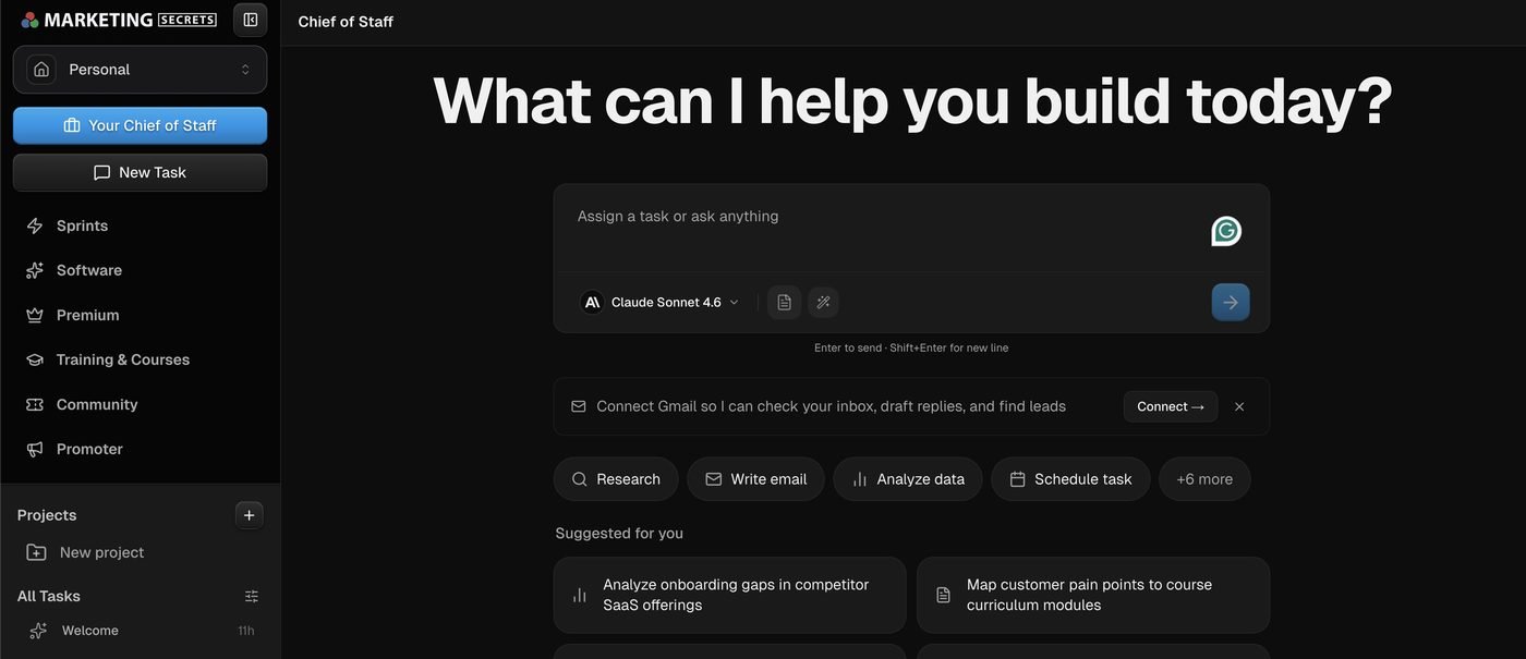 MarketingSecrets.AI Chief of Staff dashboard, the AI agent configured on Day 1