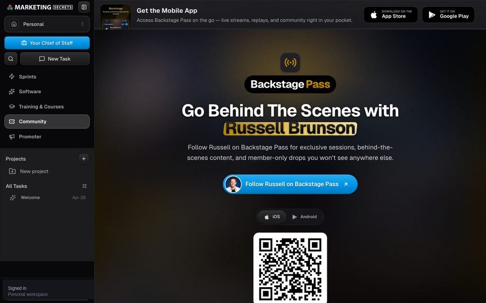 MarketingSecrets.AI Backstage Pass community space inside the workspace
