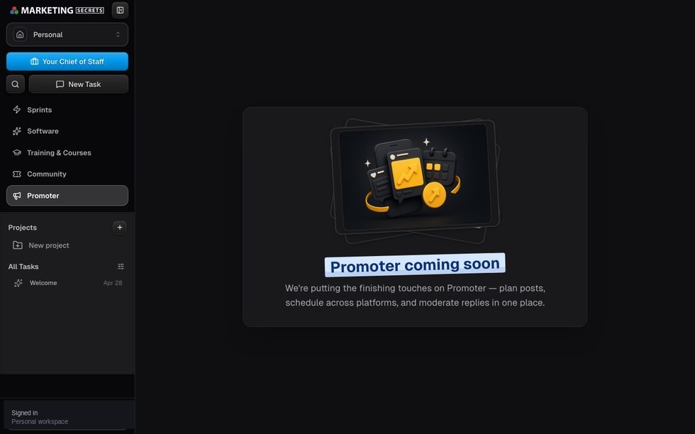 MarketingSecrets.AI Promoter section — built-in affiliate dashboard