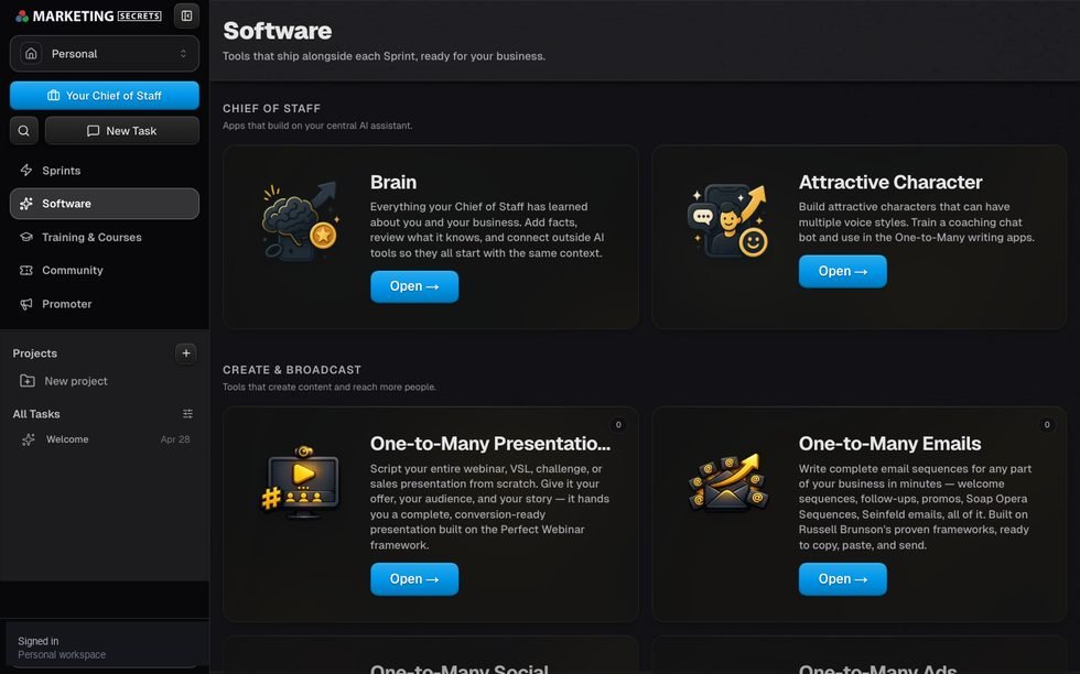 MarketingSecrets.AI Software section grouped into Chief of Staff and Create & Broadcast clusters with tools like Brain, Attractive Character, One-to-Many Presentations, and One-to-Many Emails