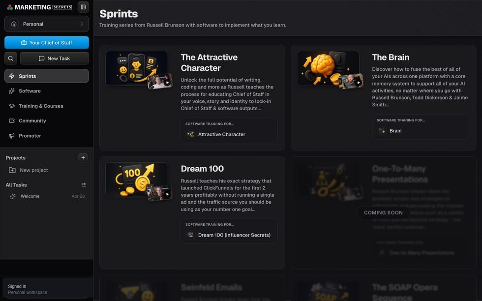 MarketingSecrets.AI Sprints library showing The Attractive Character, The Brain, Dream 100, and other paired training-software bundles