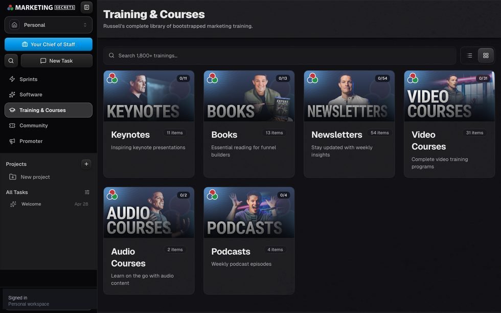 MarketingSecrets.AI Training & Courses library with Keynotes, Books, Newsletters, Video Courses, Audio Courses, and Podcasts