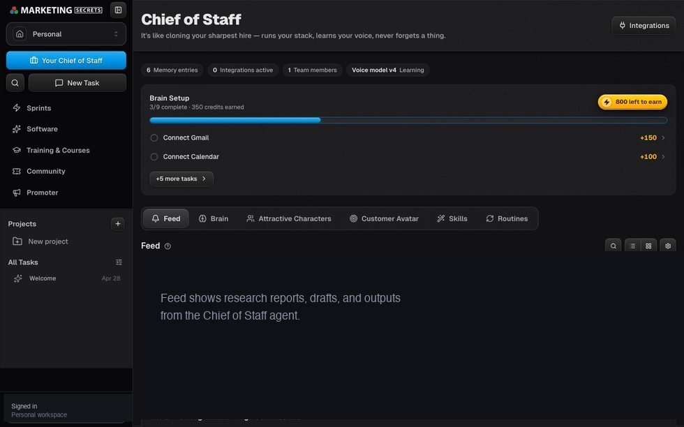 MarketingSecrets.AI Chief of Staff dashboard showing memory entries, voice model learning status, and Brain Setup gamified onboarding